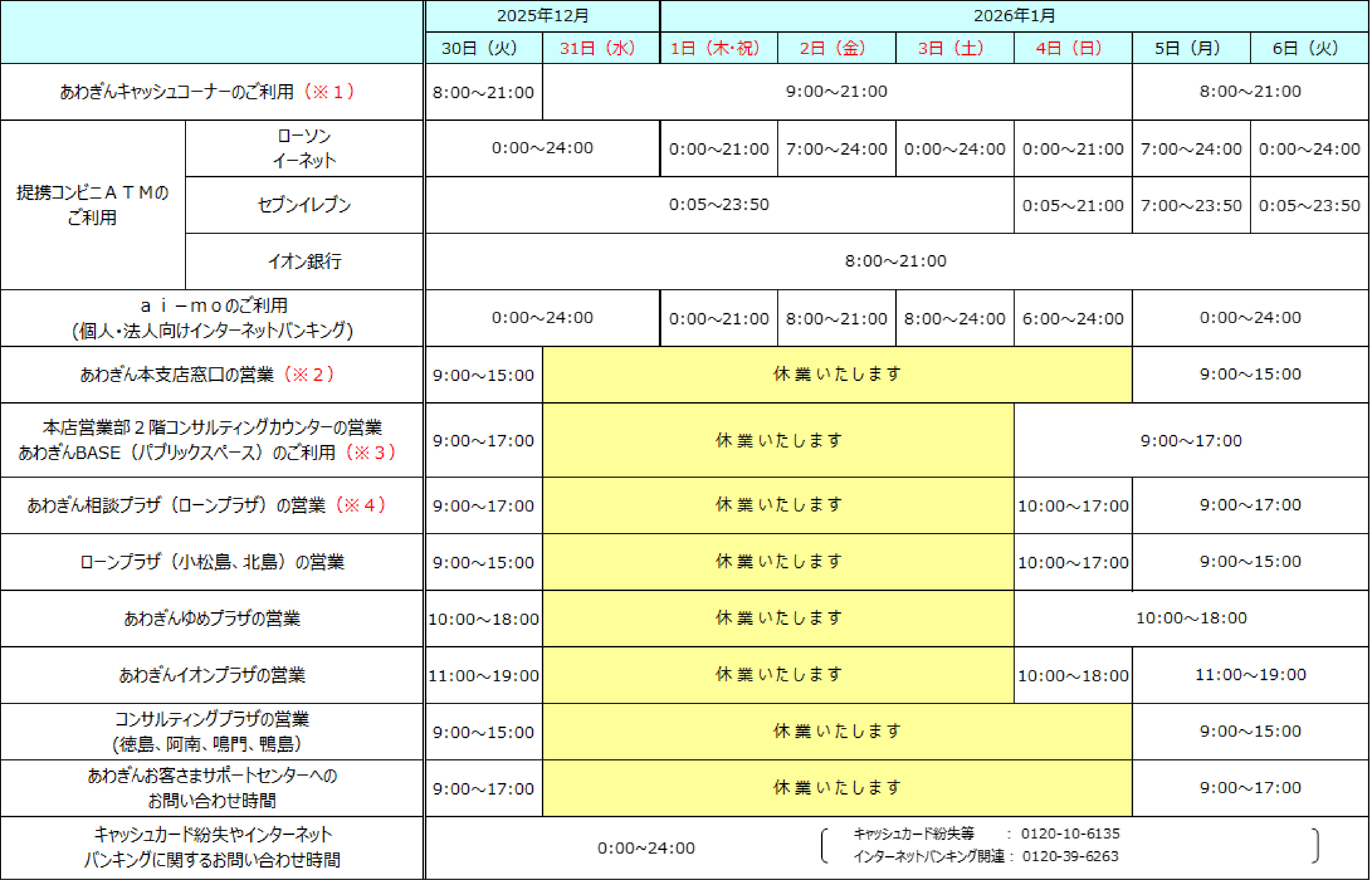 年末年始営業時間帯