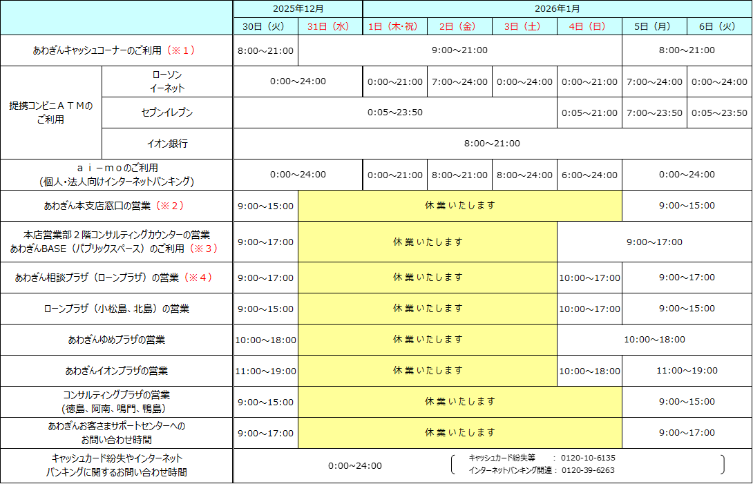 年末年始営業時間帯