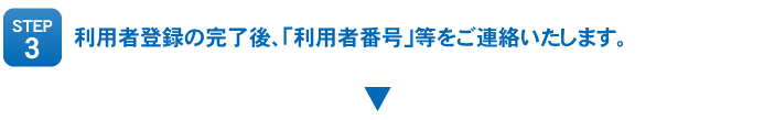 STEP3：利用者登録の完了後、「利用者番号」等をご連絡いたします。