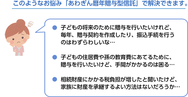 このようなお悩み「あわぎん暦年贈与型信託」で解決できます。