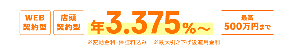 WEB契約型 店頭契約型 年3.375%〜 最高500万円まで ※変動金利・保証料込み ※最大引き下げ後適用金利
