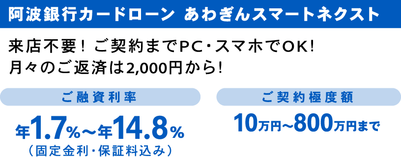 阿波銀行カードローン あわぎんスマートネクスト 来店不要！ご契約までPC・スマホでOK！月々のご返済は2,000円から！