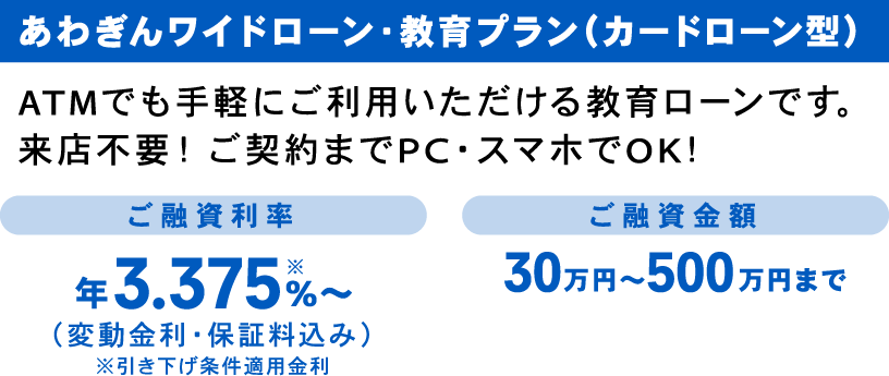 あわぎんワイドローン・教育プラン（カードローン型）ATMでも手軽にご利用いただける教育ローンです。来店不要！ご契約までPC・スマホでOK！