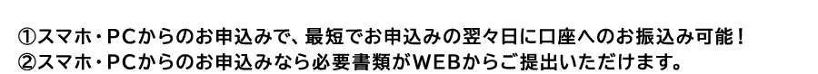 ①スマホ・PC からのお申込みで、最短でお申込みの翌々日にカードをお届け！②スマホ・PC からのお申込みなら必要書類がWEB からご提出いただけます。