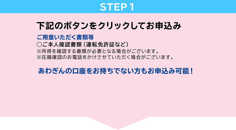 STEP1　下記のボタンをクリックしてお申込み　ご用意いただく書類等◯ご本人確認書類（運転免許証など）※所得を確認する書類が必要となる場合がございます。今すぐお申込み　阿波銀行口座を・・・